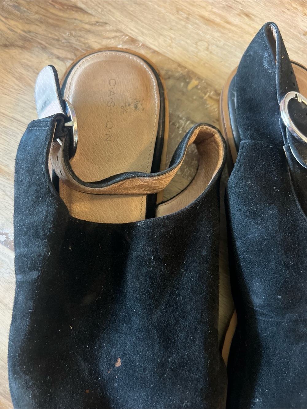 Caslon Black Suede Slip-On Mules with Silver Buckle